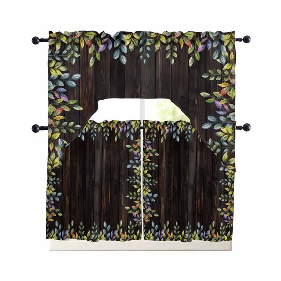 Watercolor Leaf Kitchen Curtains Sets 24 Inch Length with Valance, Pastoral Summer Botanical Wooden Brown Swag Valances and Tiers Curtain Set Drapes Swag Curtains for Living Room, Bathroom, Bedroom