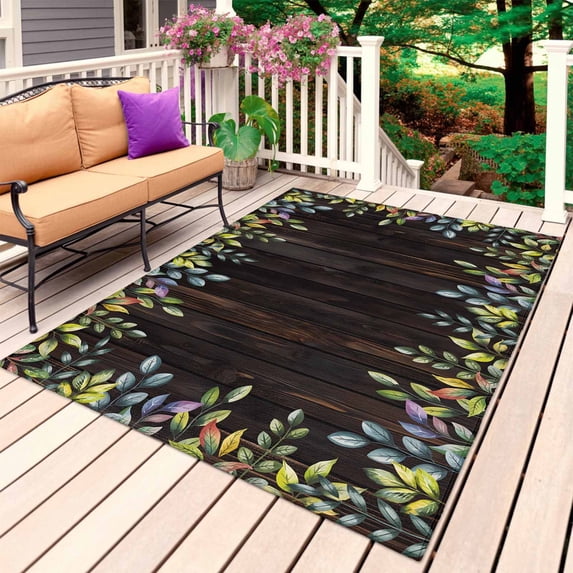 Watercolor Leaf Outdoor Rug for Patio/Deck/Porch, Non-Slip Large Area Rug 5 x 8 Ft, Pastoral Summer Botanical Wooden Brown Indoor Outdoor Rugs Washable Area Rugs, Reversible Camping Rug Carpet Runner
