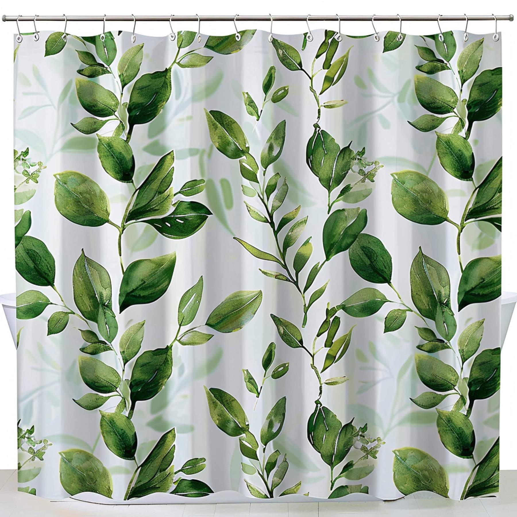 Watercolor Leaf Pattern Shower Curtain Green & White Bathroom Stall ...