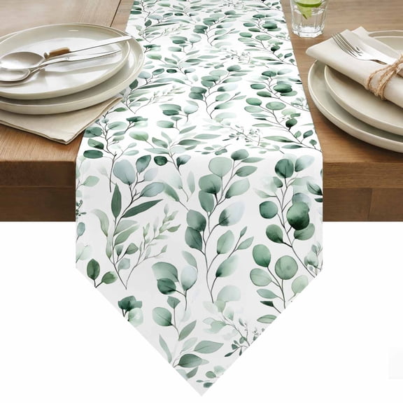 Watercolor Leaf Table Runner 36 Inches Long Eucalyptus Leaves Green Botanical Table Runners for Dining Room Tabletop Dresser Scarf Home Party Banquet Wedding Holiday Decoration