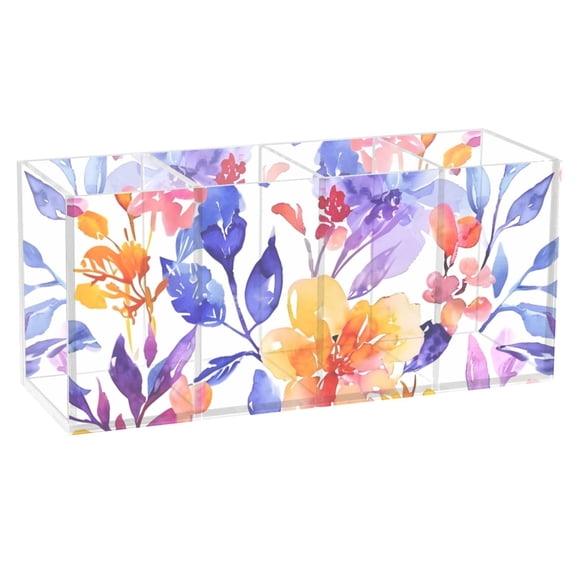 Watercolor Leaves Acrylic Pencil Pen Holder Cup 4 Compartments Desktop Organiser 7.87"x2.78"x3.54"