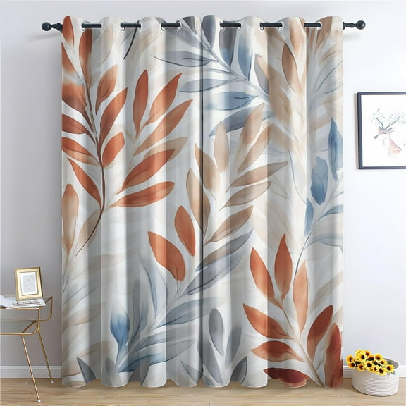 Watercolor Leaves Curtains, Boho Leaf Window Curtains, Apricot Blue Burnt Orange Blackout Curtains, Thermal Grommet Drapes For Bedroom Living Room52"W x 96"L (Pack of 2)