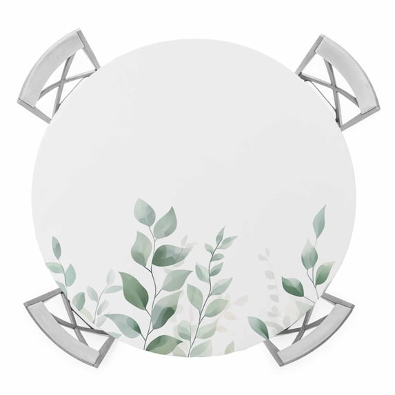 Watercolor Leaves Elastic Fitted Round Table Cover Green Waterproof Outdoor Tablecloth for Holiday Party, Picnic, Patio & Dining Fits Tables Up to 45"-54"