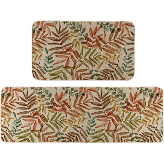 Watercolor Leaves Eucalyptus Fall Kitchen Rugs Set of 2, Autumn Harvest Thanksgiving Home Decor Low-Profile Kitchen Mats for Floor - 17x30 and 17x47 Inch
