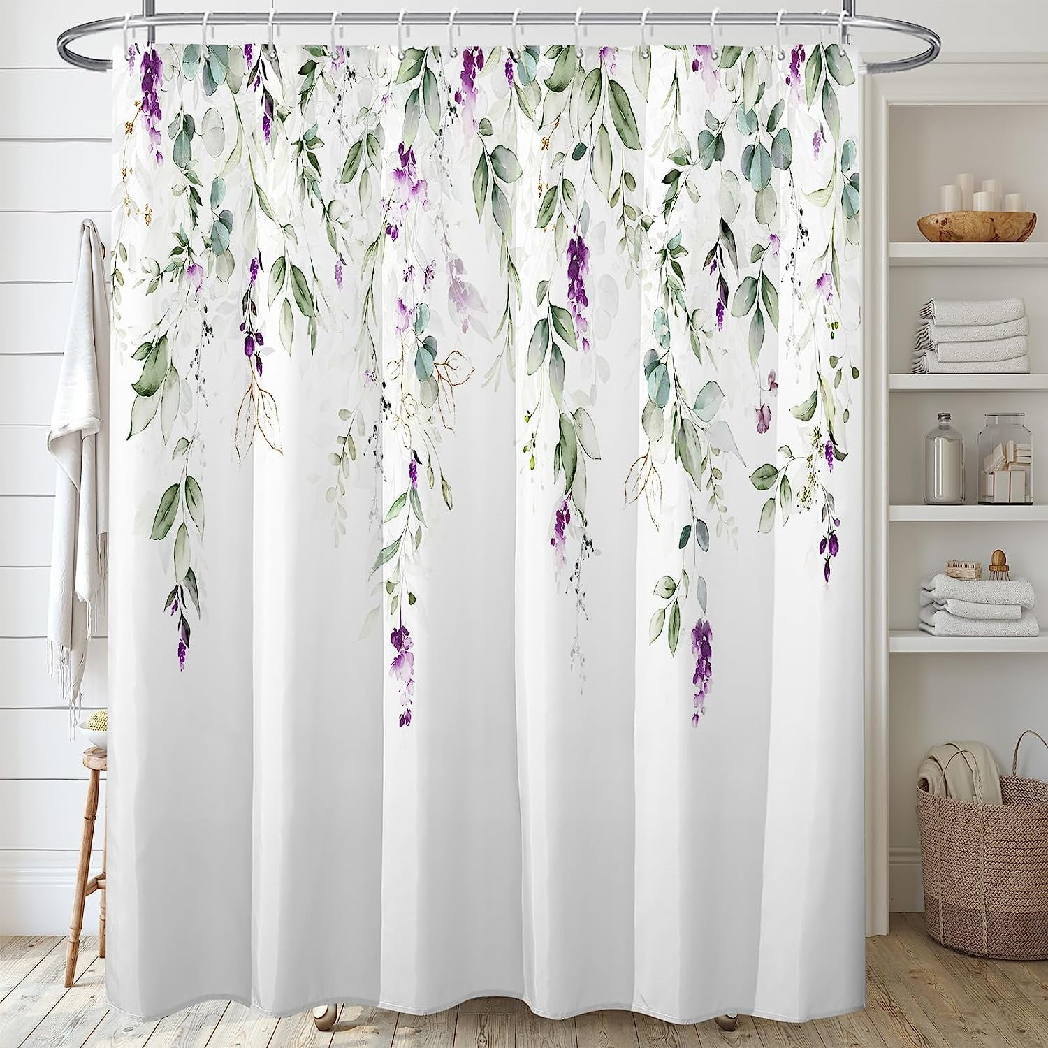 Watercolor Leaves Flowers Shower Curtain Sets,Green and Purple with ...