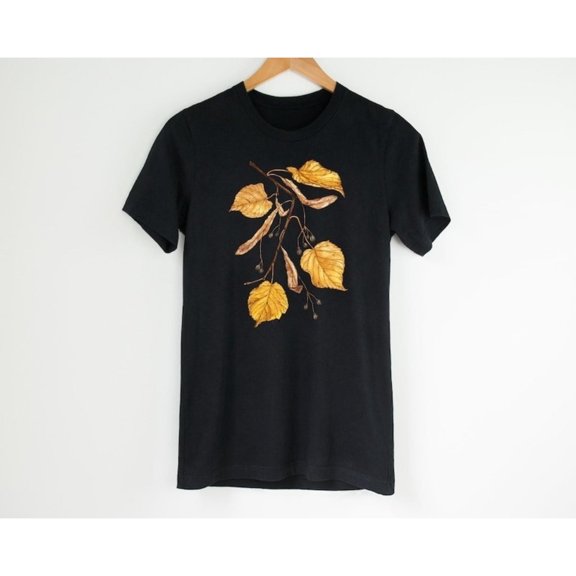 Watercolor Leaves Graphic Tee Autumn T Shirt Tops Comfortable Cotton Short Sleeve Round Neck Black S-5XL