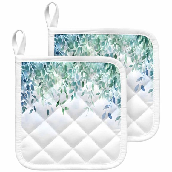 Watercolor Leaves Pot Holders for Kitchen Heatproof Potholder, 2 Pack Spring Botanical Eucalyptus Leaves Hot Pads Multipurpose Oven Pads Cloth Potholders Trivet for Cooking and Baking