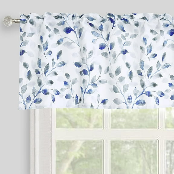 Watercolor Leaves Print Valance for Windows, Grey and White Floral Printed Short Curtains Valances Rod Pocket for Kitchen Bathroom Cafe Living Room 52 x 18 Inches, Gray