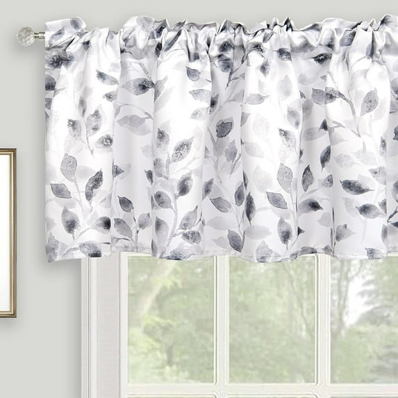 Watercolor Leaves Print Valance for Windows, Grey and White Floral Printed Short Curtains Valances Rod Pocket for Kitchen Bathroom Cafe Living Room 52 x 18 Inches, Gray