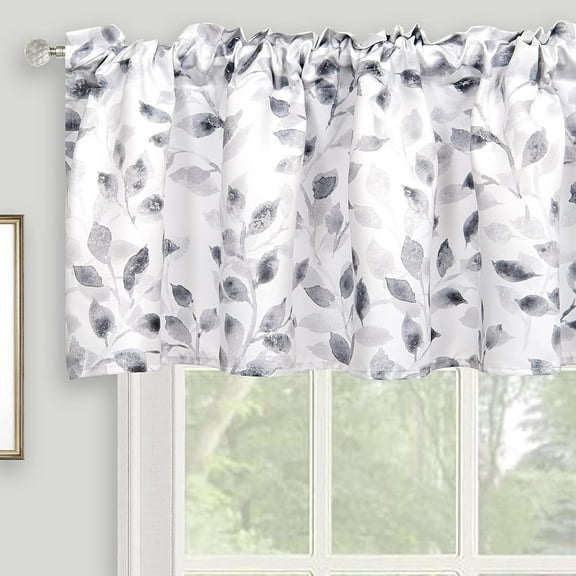 Watercolor Leaves Print Valance for Windows, Grey and White Floral Printed Short Curtains Valances Rod Pocket for Kitchen Bathroom Cafe Living Room 52 x 18 Inches, Gray