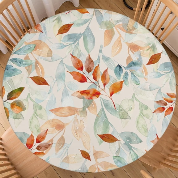 Watercolor Leaves Round Fitted Tablecloth Best for 44"-48" Fall Burnt Orange Table Cloth Elastic Edge Waterproof Stain Resistant Washable Seasonal Autumn Table Cover for Party Picnic Indoor Decor
