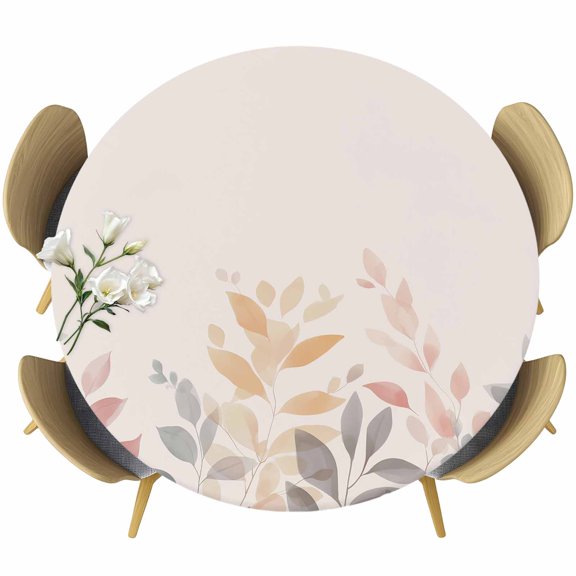Watercolor Leaves Round Tablecloth 36-44 Inch Round Fitted Table Cloth with Elastic Edge, Botanical Eucalyptus Leaves Plant Waterproof Table Cover Protector for Outdoor Picnic Party Dining