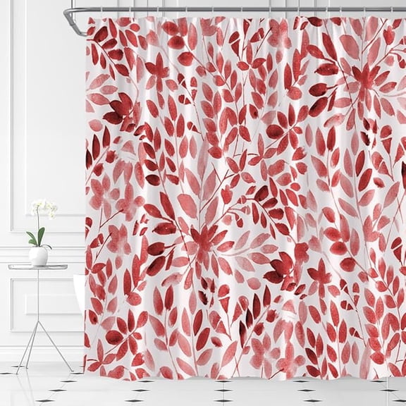 Watercolor Leaves Shower Curtain Red Leaf Floral Eucalyptus Plant Pretty Nature Fabric Bathroom Decor with Hooks 36"W x 72"L