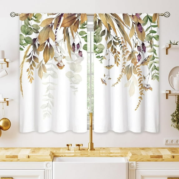 Watercolor Leaves Small Kitchen Curtains Botanical Flower Window Treatment Autumn Plant Eucalyptus Cafe Short Curtains for Bathroom Dining Laundry Room Fall Tier Treatment Drapes 27.5x39 inch