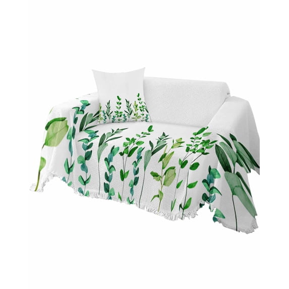 Watercolor Leaves Sofa Couch Covers for Dog,Washable Sofa Throw Cover Single Slipcovers for Armchair with Tassels,Autumn Green Botanical Herb Plant Couch Protector Towel Blanket Medium 71''x91''