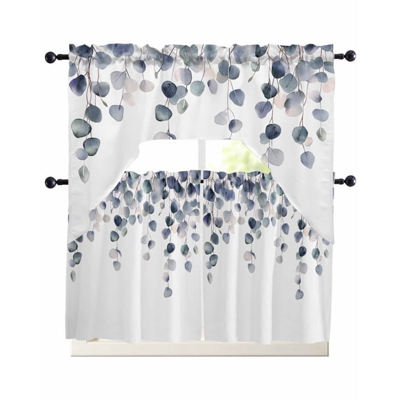 Watercolor Leaves Swag Kitchen Curtains Sets for Windows 24 Inch Length, Simple Rustic Spring Botanical Vines Short Window Curtain Panels Swags Valances and Tiers 3 Piece Set for Cafe/Dining Room