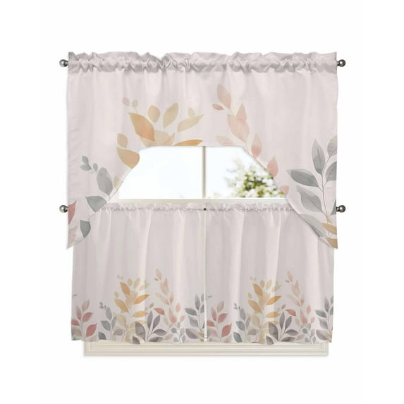 Watercolor Leaves Swag Valance and Tier Curtains 24'' Length Set, Botanical Eucalyptus Leaves Plant Light Filtering Kitchen Curtains, Tier Curtain Valances for Bathroom/Living Room/Bedroom/Café