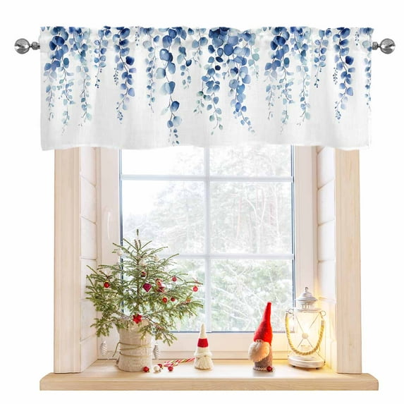 Watercolor Leaves Valance Curtains for Living Room Bedroom Kitchen Windows Rod Pocket 1 Panel Blue