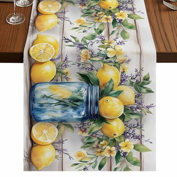 Watercolor Lemon 90 Inch Table Runner, Vintage Botanical Summer Wooden Farmhouse Dresser Scarf Cotton & Linen Tablerunner for Dining/Kitchen Island/Holiday Party Décor 13" x 90"