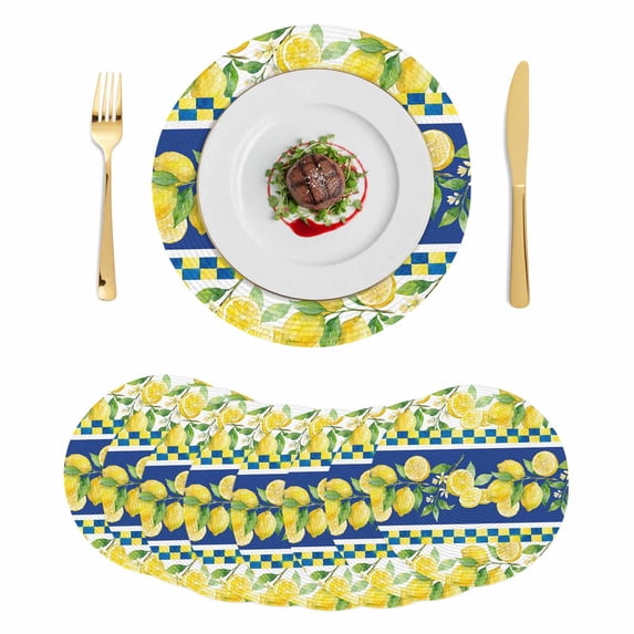 Watercolor Lemon Botanical Round 13 Inch Placemats Set of 8, Summer Navy Blue Yellow Plaid HeatResistant Non Slip Place Mats for Dining Table, Wipeable Braided Kitchen Table Mats for Housewarming