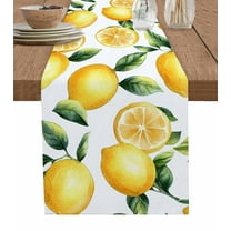 Watercolor Lemon Burlap Cotton Table Runner 13x36 Inches Short, Yellow Green Fruit Leaf Painting Farmhouse Table Runners, Outdoor Dining Tablecloths Decor for Baby Shower/Party/Wedding