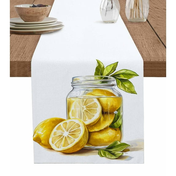 Watercolor Lemon Burlap Cotton Table Runner 13x48 Inches Long, Summer Fruit Tropical Plant Yellow Farmhouse Table Runners, Outdoor Dining Tablecloths Decor for Baby Shower/Party/Wedding