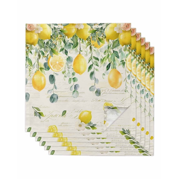 Watercolor Lemon Cloth Napkins Set of 6 Reusable Dinner Napkins, Eucalyptus Leaf Fruit Yellow Flower Cocktail Napkin Washable Table Napkins for Wedding/Holiday Party/Baby Shower 20"x20"