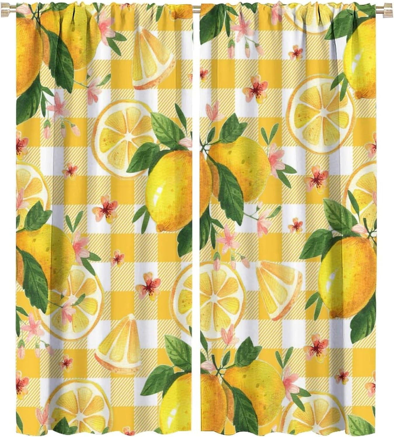 Watercolor Lemon Curtains, Summer Lemon Floral Natural Fruit Themed Yellow Lattice Print Design, Bedroom Living Room Blackout Noise Reduction Curtains, 2 Panel Set,42X54 Inch
