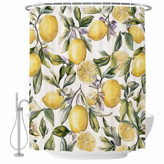 Watercolor Lemon Fabric Shower Curtain Tree Branch Leaf Washable Shower Curtains for Bathroom, Waterproof Bath Curtain with Hooks Home Decor 72x72in