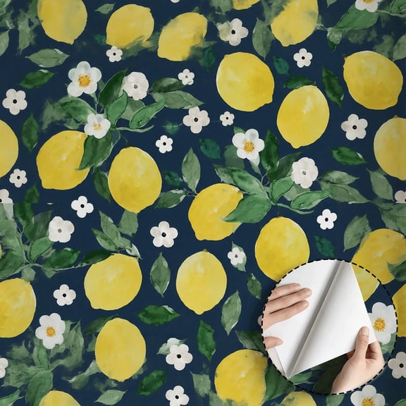 Watercolor Lemon Floral Wallpaper Modern Farmhouse Funky Peel and Stick Wallpaper Contact Paper Waterproof Wall Decor for Kitchen Cabinet Bedroom Drawer Dorm Room Living Room 17.7 * 118 in