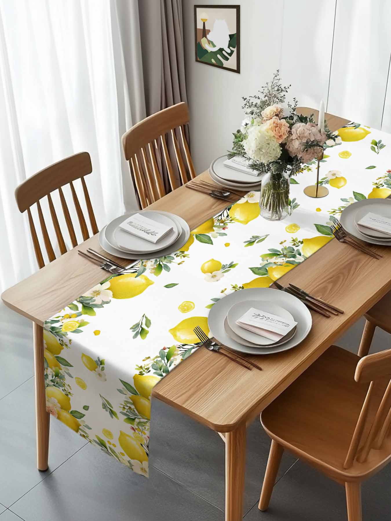 Watercolor Lemon Green Leaves Flower Table Runner 90 Inches Long, Farm Harvest Table Runners Tabletop Scarf Kitchen Dining Tables Decoration for Home Party Indoor Outdoor
