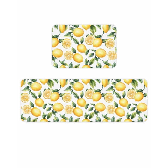 Watercolor Lemon Kitchen Mats for Floor 2 Piece, Summer Yellow Lemon Leaf Absorbent Non-Slip Kitchen Rugs Comfort Standing Mat for Laundry, Hallways 23.6"x35.4"+23.6"x70.9"