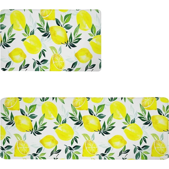 Watercolor Lemon Kitchen Rugs Set Non-Slip Anti Fatigue Mat 2 PCS Comfort Standing Floor Mats Thick Memory Foam Cushioned for Home Kitchen Office Decor,17.3" x 28" + 17.3" x 47"