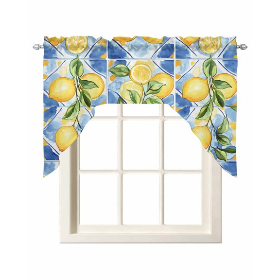 Watercolor Lemon Kitchen Swag Valances for Windows, Botanical Leaves Country Blue Swag Valances Curtains for Living Room, Rod Pocket Window Treatments for Bathroom, Bedroom, Cafe, 56"x36"