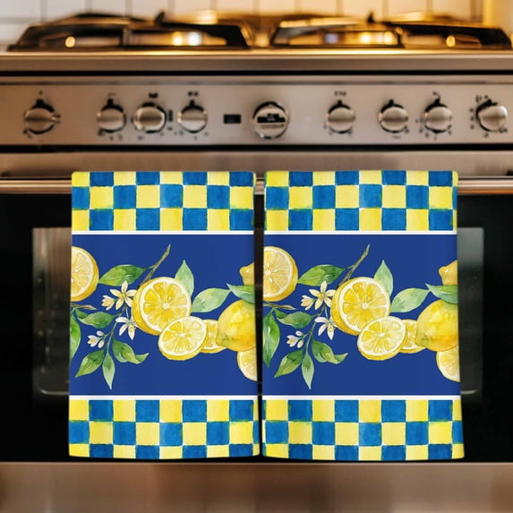 Watercolor Lemon Kitchen Towels Set of 1, Navy Blue Yellow Buffalo Plaid Summer Absorbent Dish Towels for Kitchen, Microfiber Hand Towel, Quick Drying Tea Towel for Cleaning Decorative Dishcloths