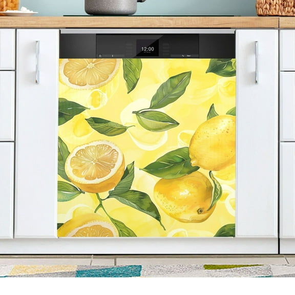 Watercolor Lemon Leaves Dishwasher Magnetic Refrigerator Magnet Cover Kitchen Art Panel Decal Sticker Home Decorative 23"x26"