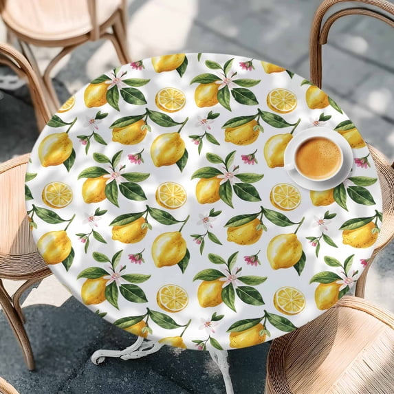 Watercolor Lemon Leaves Flower Round Fitted Tablecloth with Elastic Edge,Waterproof Table Cloth Fits Tables Up to 36"-44",Wipeable Washable Table Cover for Indoor Outdoor Dinning,Farm Fruit Harvest