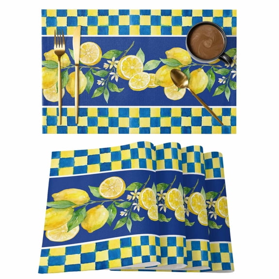 Watercolor Lemon Placemats Set of 6 Navy Blue Yellow Buffalo Plaid Summer Place Mats Indoor Wipeable Table Mats Washable Cloth Dining Table Placemats for Kitchen Holiday Party Home Decor 13x19 Inch