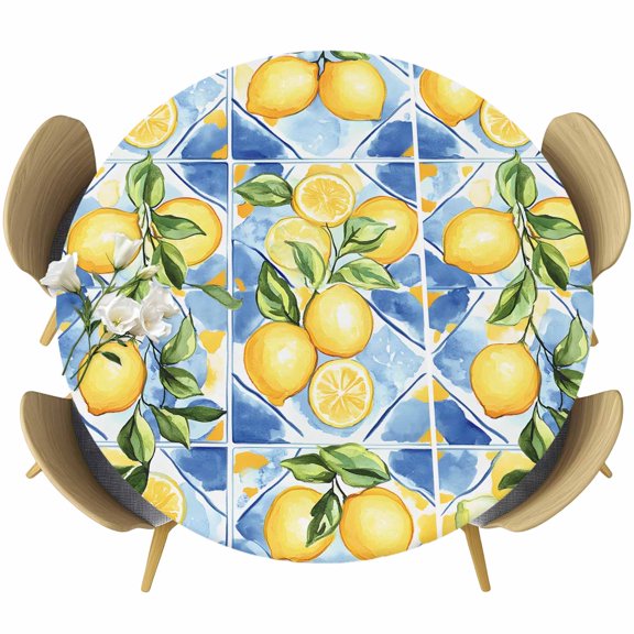 Watercolor Lemon Round Tablecloth 36-44 Inch Round Fitted Table Cloth with Elastic Edge, Botanical Leaves Country Blue Waterproof Table Cover Protector for Outdoor Picnic Party Dining
