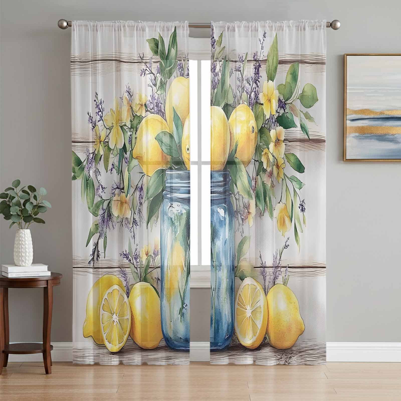 Watercolor Lemon Sheer Curtains 84 Inch Length 2 Panels Set, Vintage ...