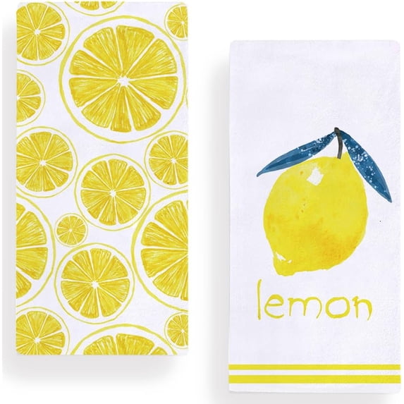 Watercolor Lemon Stripe Kitchen Towels Dish Towels, 18x26 Inch Spring Summer Yellow Lemon Decoration Hand Towels Set of 2