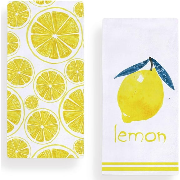 Watercolor Lemon Stripe Kitchen Towels Dish Towels, 18x26 Inch Spring Summer Yellow Lemon Decoration Hand Towels Set of 2