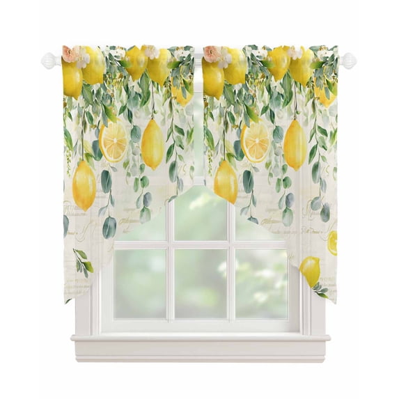 Watercolor Lemon Swag Valances for Windows, Eucalyptus Leaf Fruit Yellow Flower Rod Pocket Sheer Valances for Small Windows, Swag Toppers Light Filtering for Kitchen Living Room 2 Panels 28''x36''