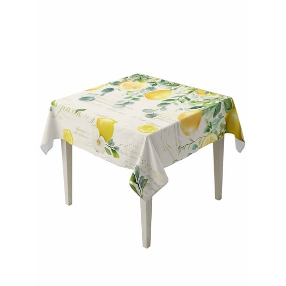 Watercolor Lemon Table Cloth, Eucalyptus Leaf Fruit Yellow Flower Waterproof Tablecloth for Square Tables, Reusable Washable Fabric Table Cover for Restaurant Kitchen Dining Tables 60"x60"