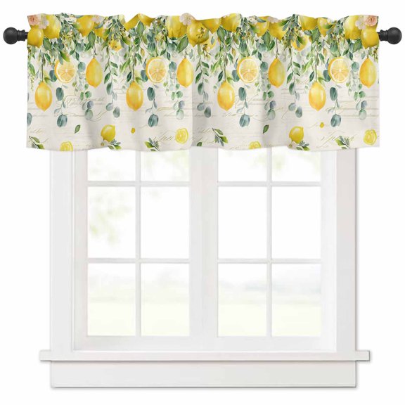Watercolor Lemon Valances for Windows Farmhouse Kitchen Curtains Valances Rod Pocket Valance Curtains for Kitchen Windows Eucalyptus Leaf Fruit Yellow Flower Window Valances for Bathroom 42"x18"