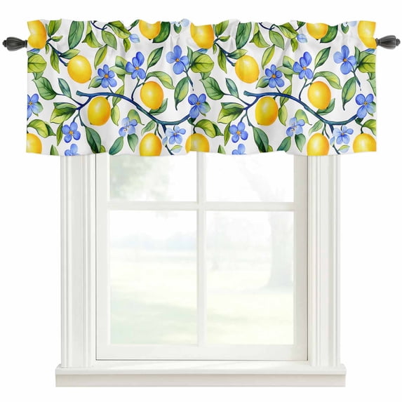 Watercolor Lemon Window Valance Curtain Blue Flower Leaf Rod Pocket Short Curtain for Living Room, Bedroom & Kitchen Window Decor 60x18in