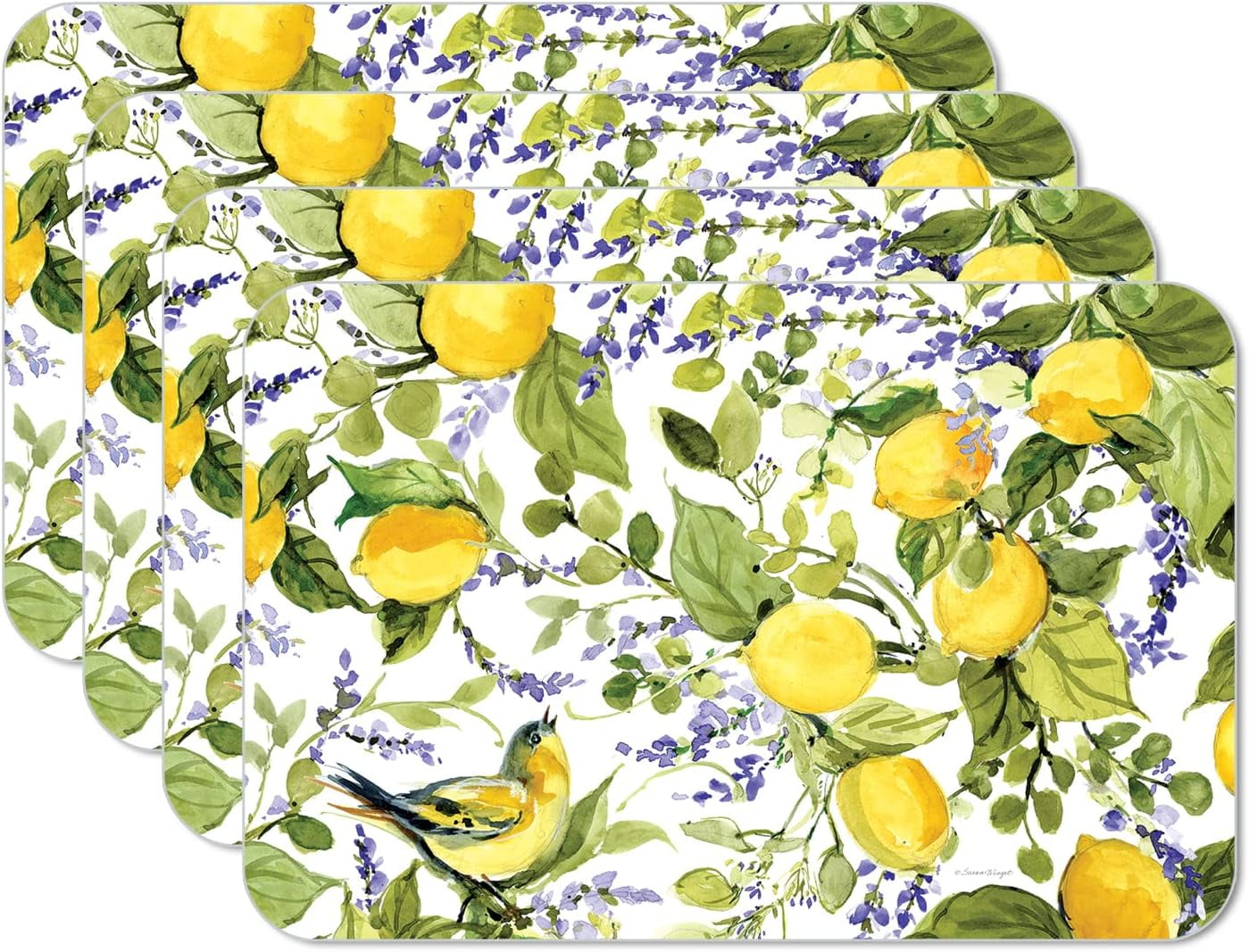 Watercolor Lemons 4 Pack Reversible Easy Care Flexible Plastic Placemats Made In The BPA PVC