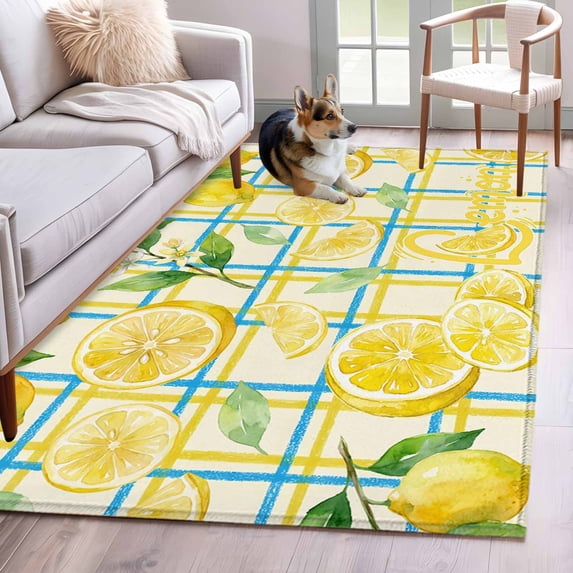 Watercolor Lemons Area Rugs 2.7'x5', Washable Small Throw Rugs for Kitchen Bedroom, Summer Blue Yellow Checkered Geo Indoor Outdoor Rug Non-Slip Low Pile Carpet Runner Reversible Floor Mats