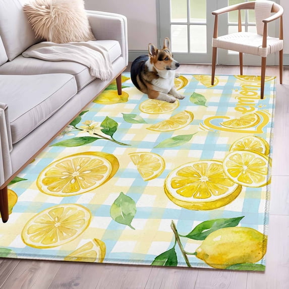 Watercolor Lemons Area Rugs 4'x6', Washable Small Throw Rugs for Office Bathroom, Summer Blue Yellow Buffalo Plaid Indoor Outdoor Rug Non-Slip Low Pile Carpet Runner Reversible Floor Mats