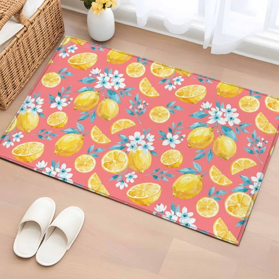 Watercolor Lemons Entryway Rug 2'x3' Non Slip Front Door Mats, Summer Farmhouse Blue Floral Pink Entrance Rugs Indoor Outdoor Carpet, Washable Floor Mats Small Area Rug for Bedroom Kitchen